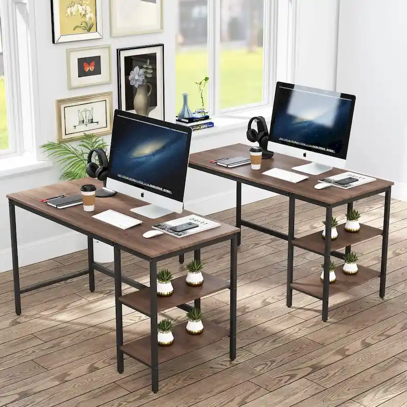 Computer Desk with Storage Shelves, Industrial Reversible Home Office Desk Workstation Study