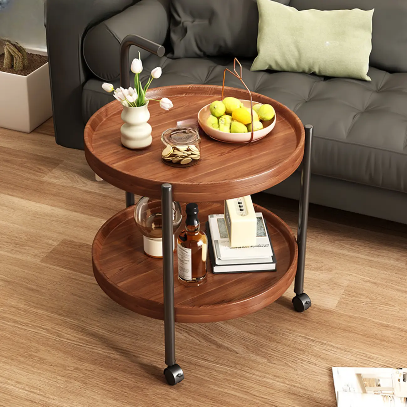 Modern 2-Tier Wood Round Coffee Table with Wheels, Tray