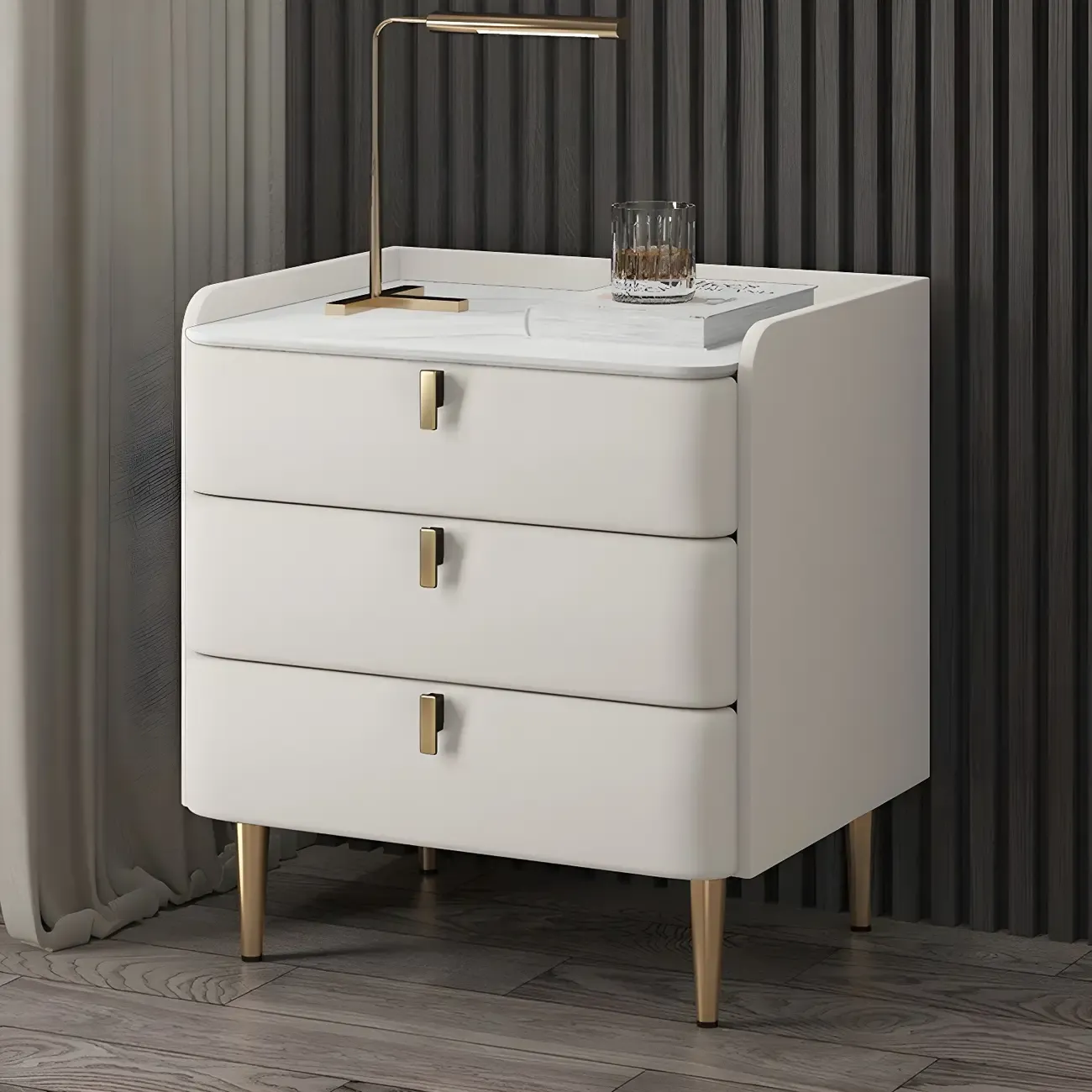 Glam Leather Sintered Stone Top Nightstand with Drawers