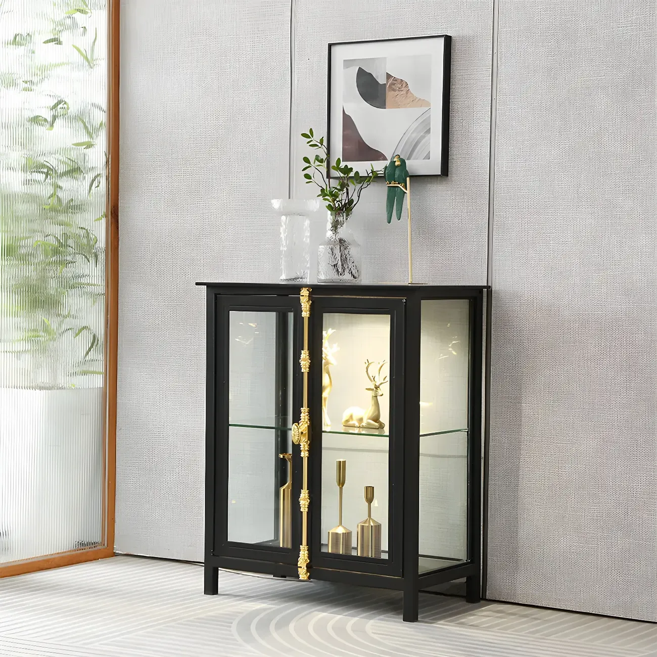 Glam Black Metal Frame Glass Curio Cabinet