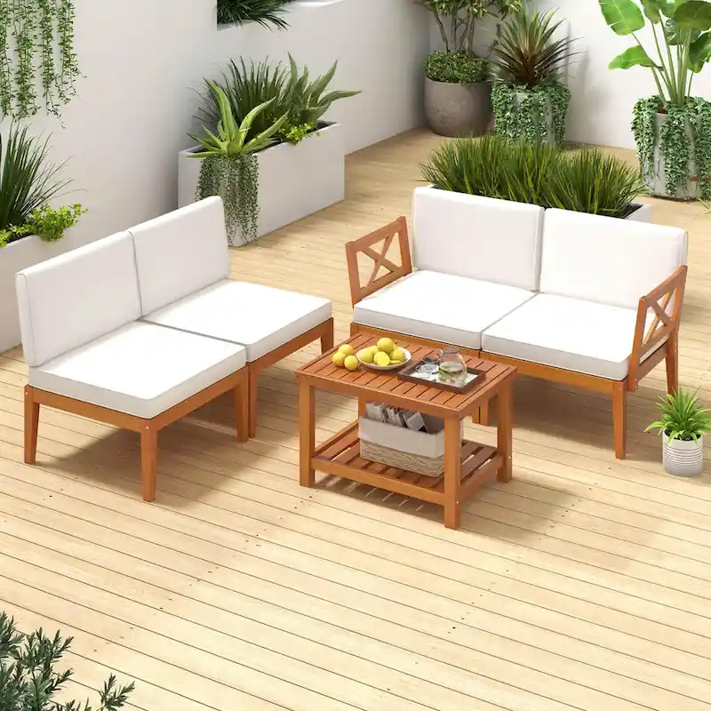 Costway 5 PCS Acacia Wood Patio Furniture Set with Cushions and 2-Tier - See Details
