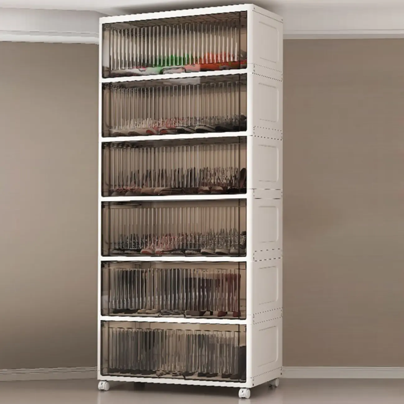 Hallway White Plastic Drop-Front Shoe Cabinet with Casters