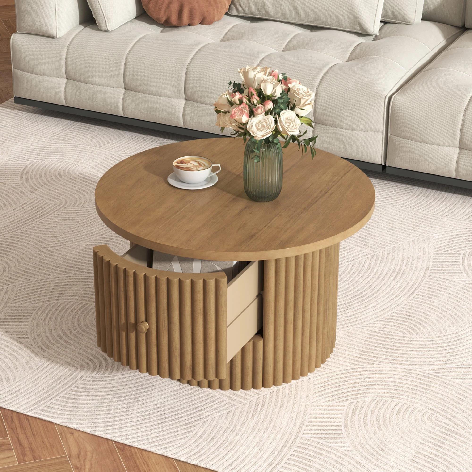 Walker Edison | Reeded Round Coffee Table with a Drawer