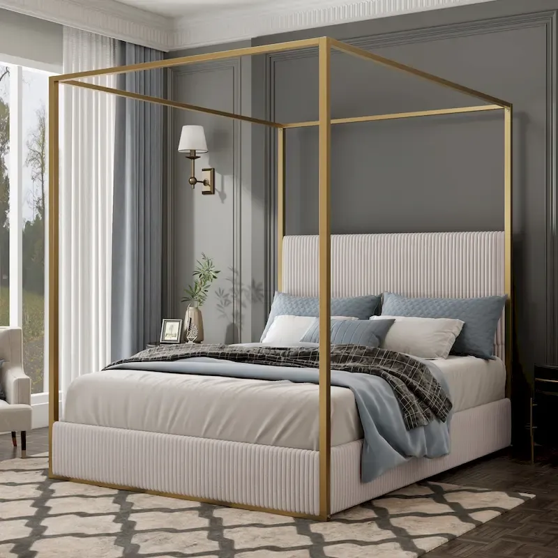 Contemporary Corduroy Upholstered Canopy Bed with Tall Headboard & Sleek Metal Frame