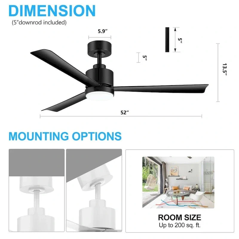 52 Inch Gold/Black/White 3-Blade LED Ceiling Fan with Light and Remote