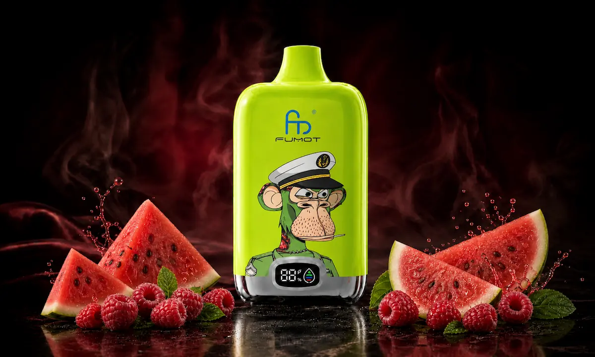 Fumot Digital Box 12000 Raspberry Watermelon Vape in einer dunklen Rauchszene