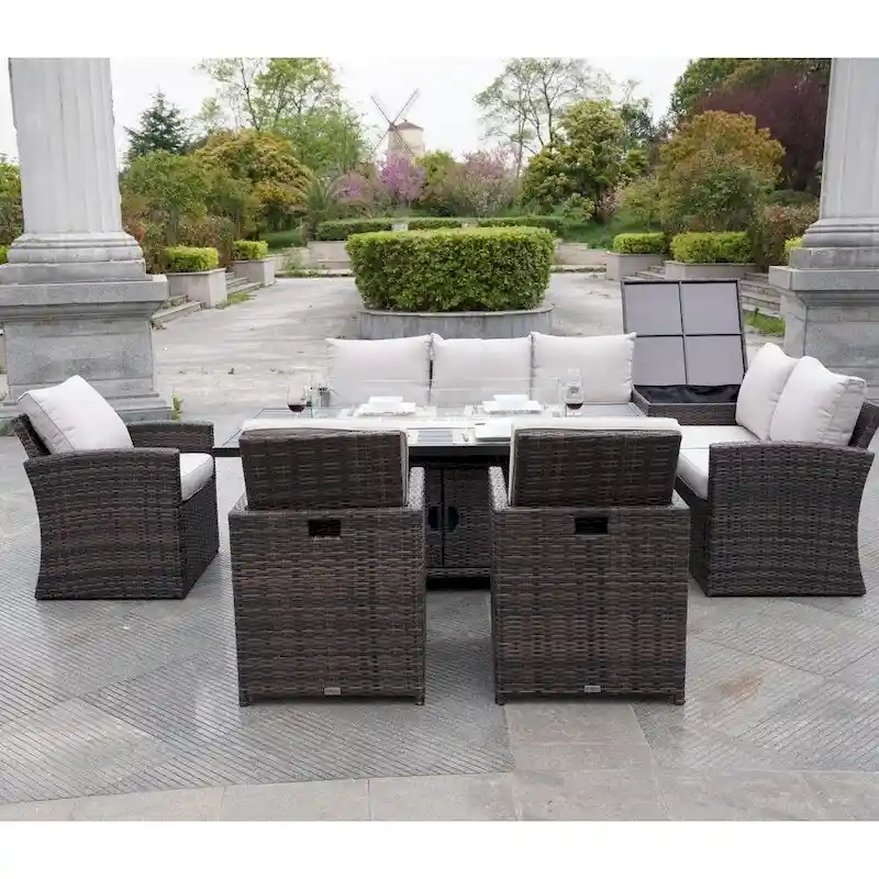 Patio Rattan Sofa Set with Alum Dining Table and Chairs