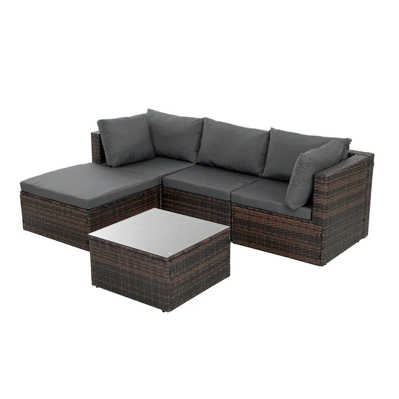 5 Set Wicker Furniture With Tempered Glass Coffee Table