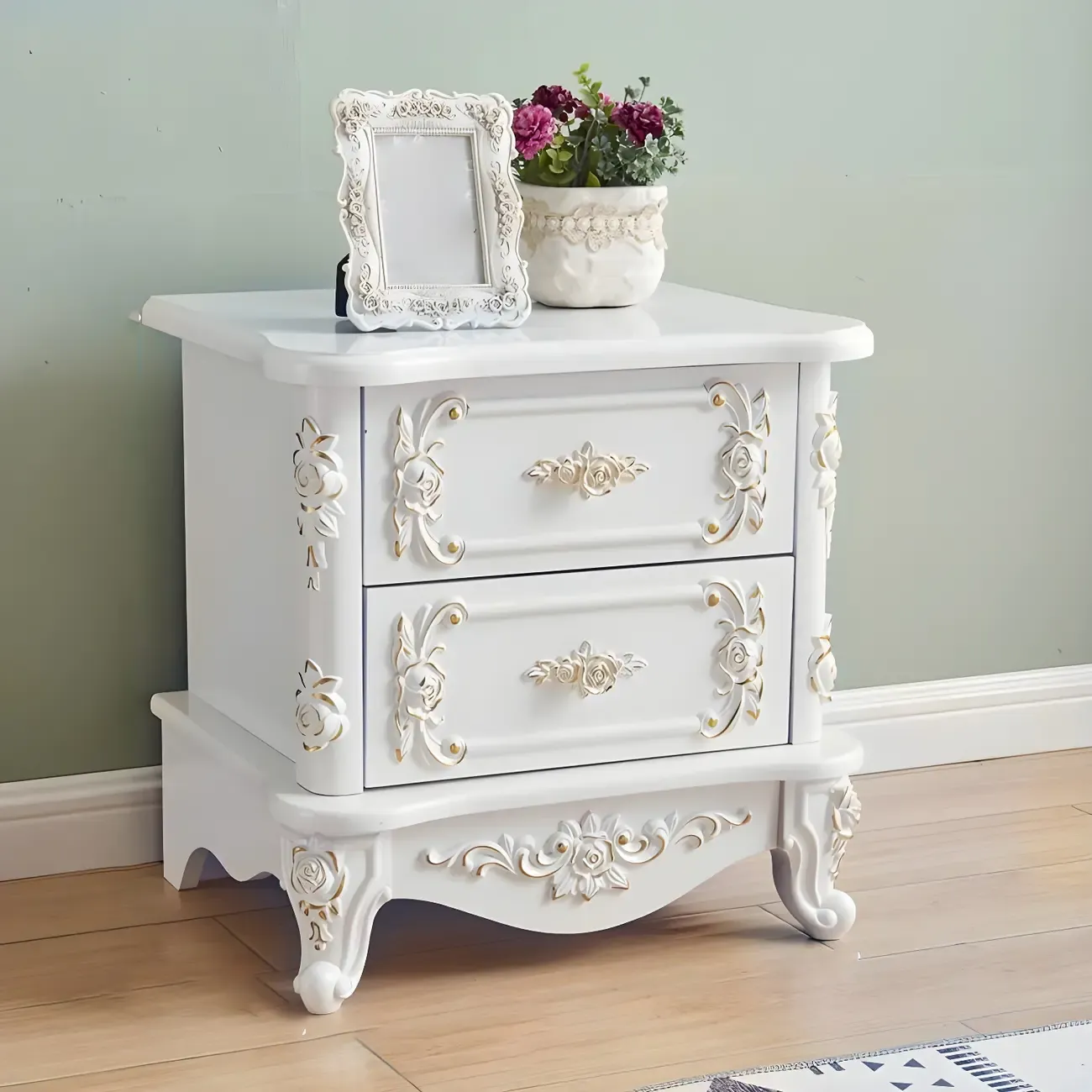 Traditional White Wood Carved 3-Drawer Nightstand