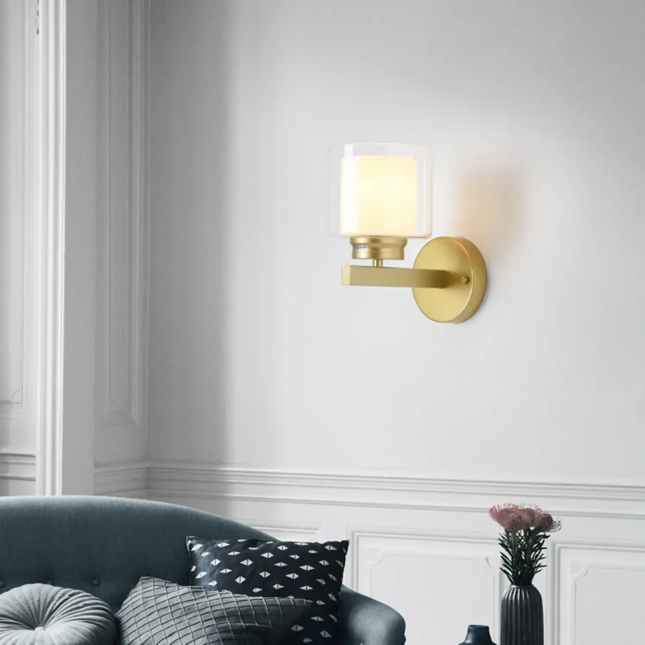 Modern Cylinder Brass Glass Shade Wall Sconce Light Fixture
