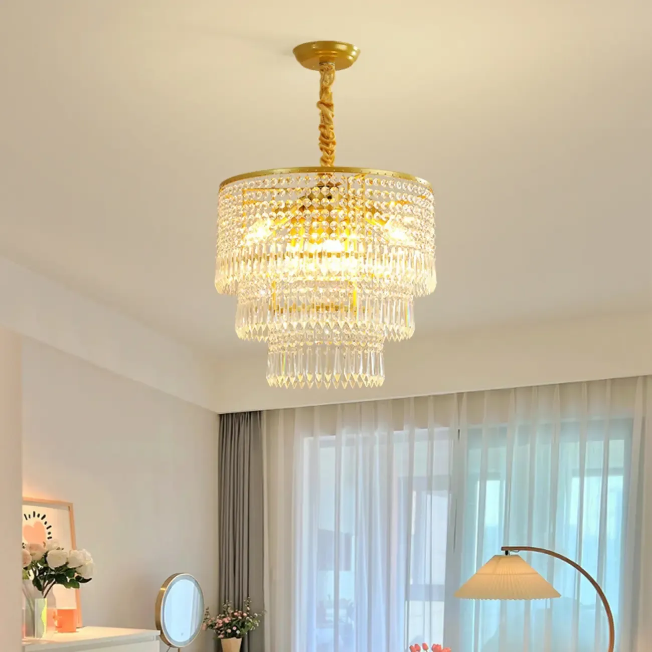 Modern Gold Descending Crystal Round Chandelier