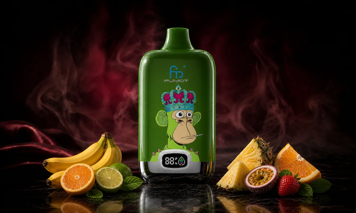 Fumot Digital Box 12000 Fruity Fusion Vape in einer dunklen Rauchszene