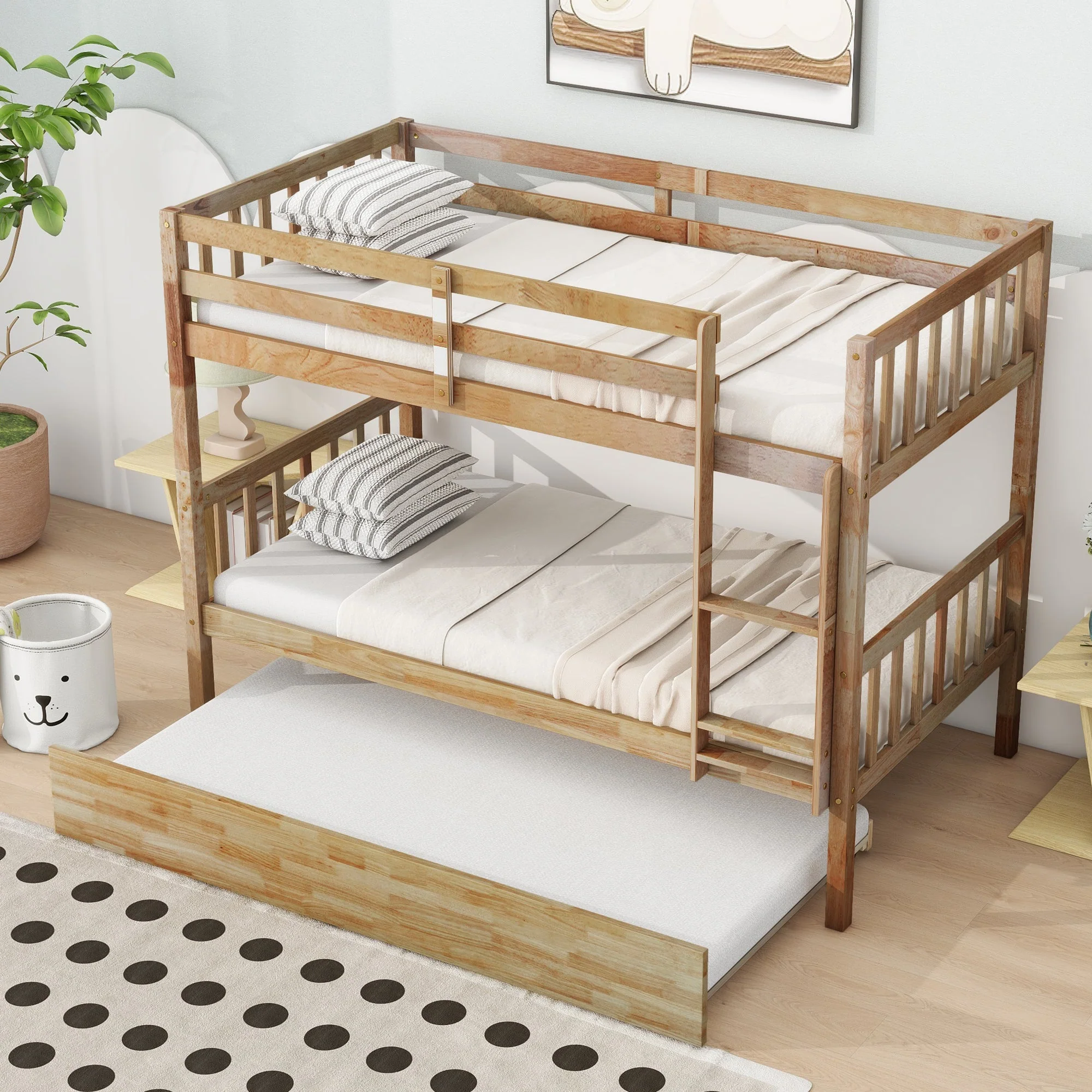 Walker Edison | Convertible Twin Over Twin Bunk Bed with Trundle with Ladder Sleeps 3