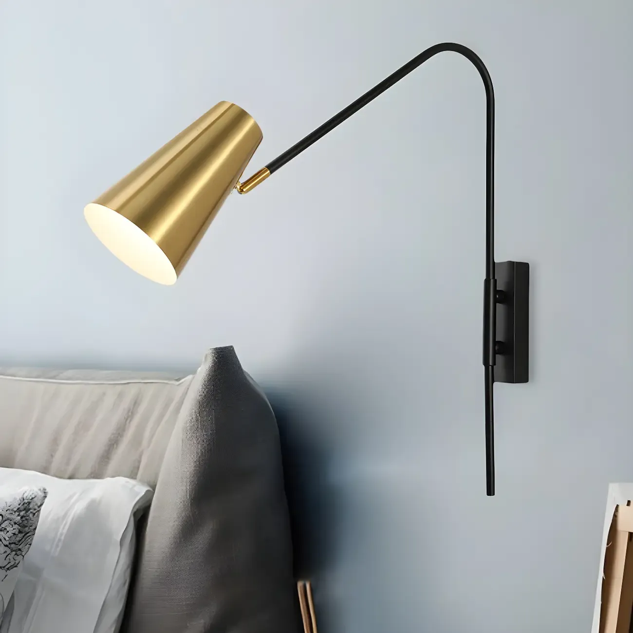 Simple Metal Black Swing Arm Brass Cone Shade Wall Light