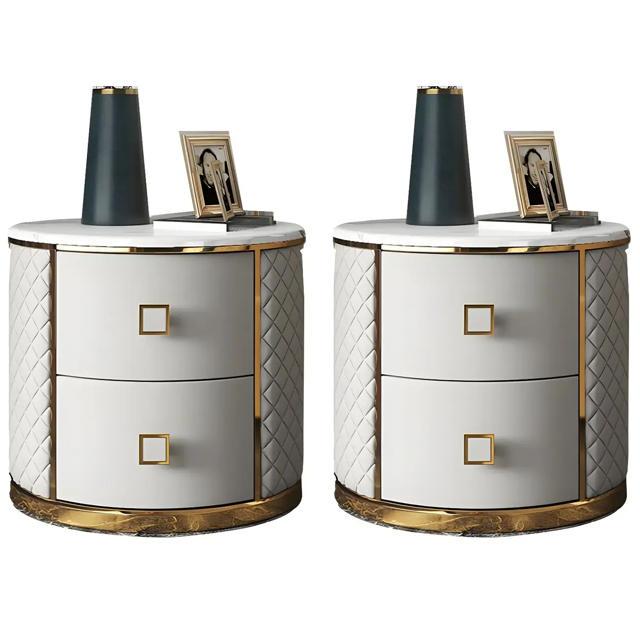 Glam Round Leather Nightstand with Marble Countertop 2 Drawers