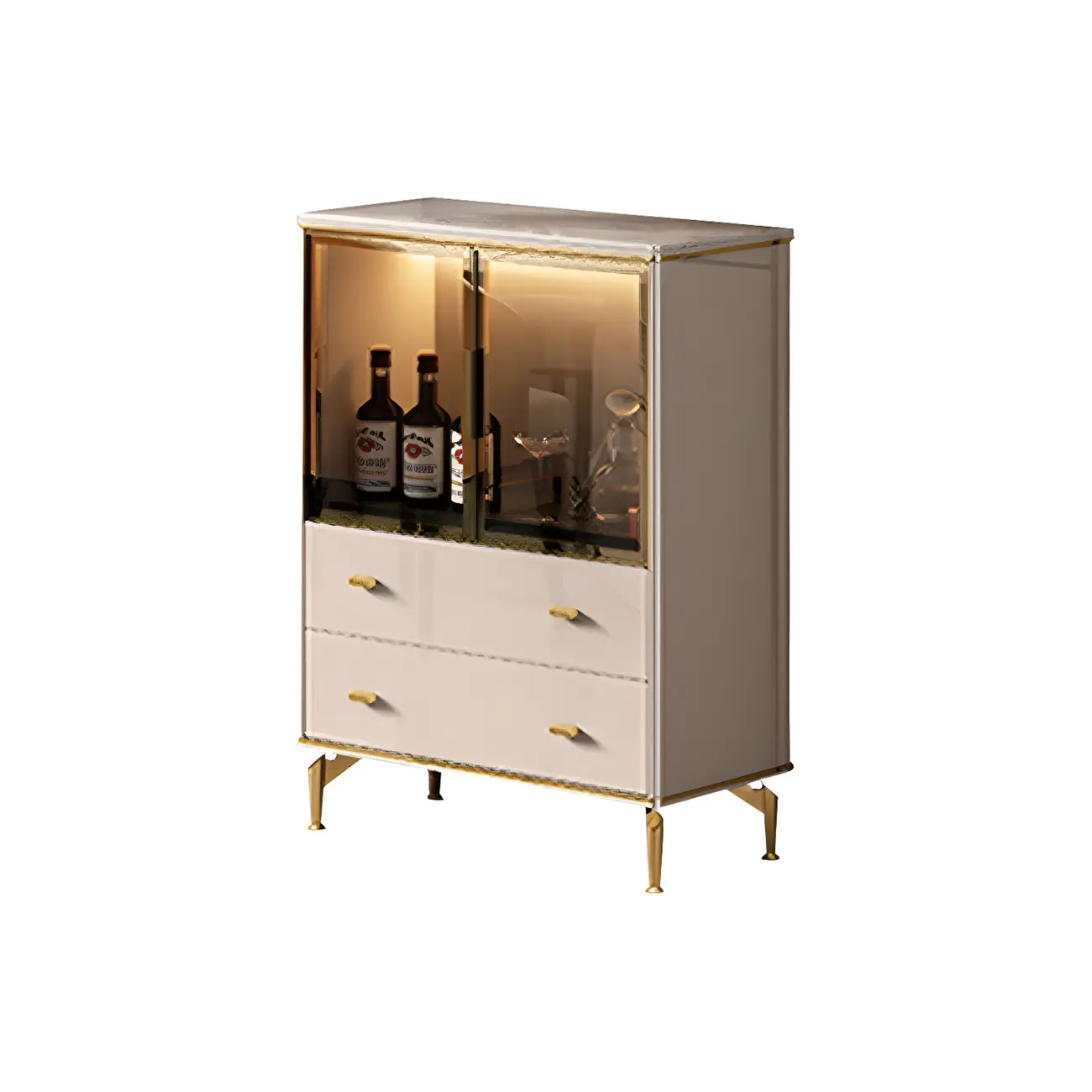 White Wood Gold Legs Adjustable Shelves Display Cabinet