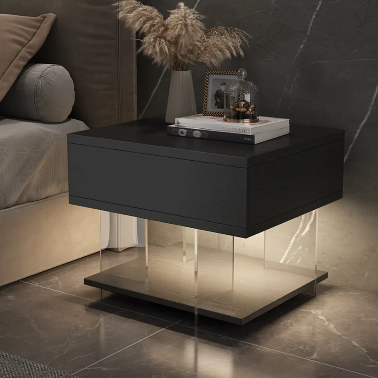 Modern Acrylic Wood Top 1 Drawer Nightstand with Light