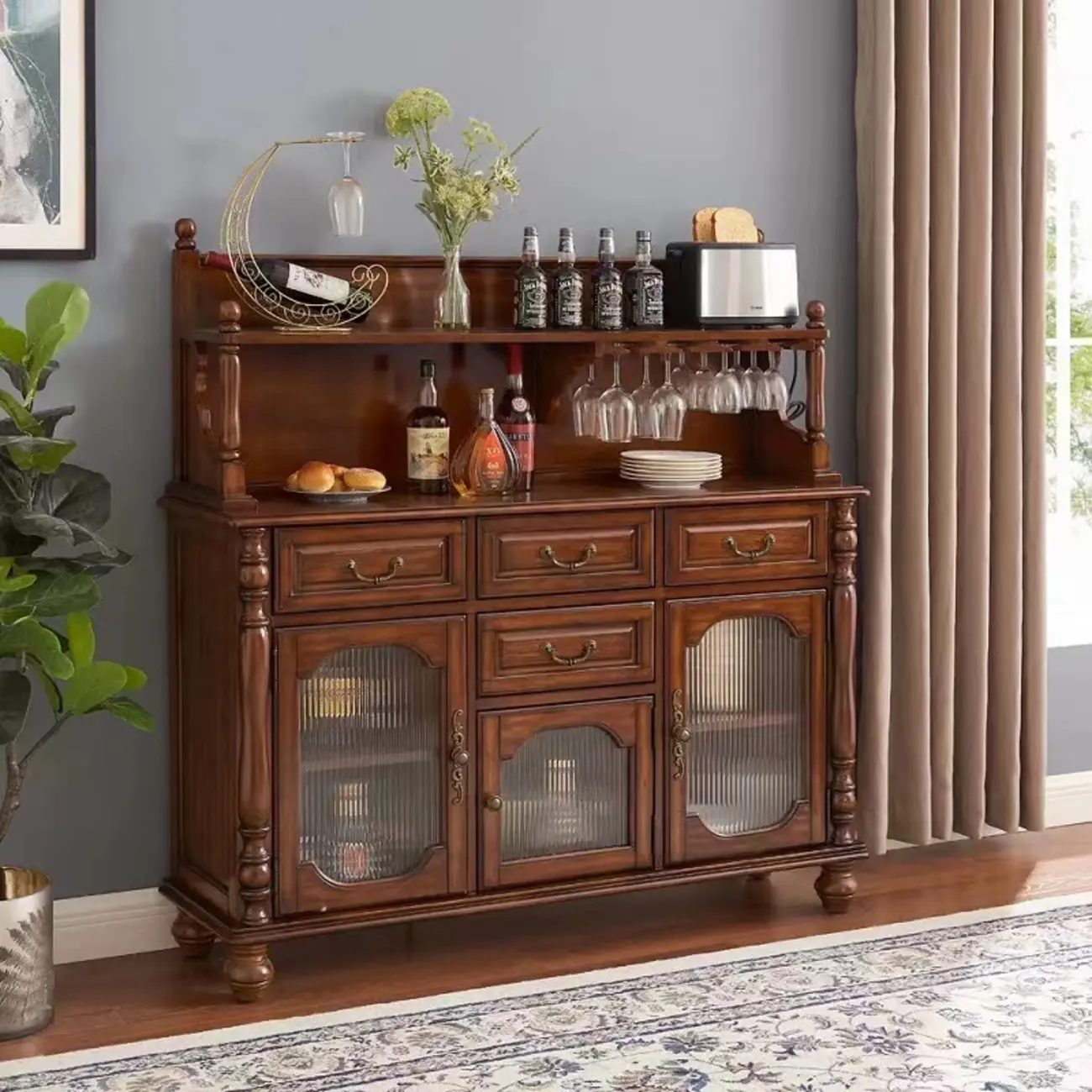Mid-Century Modern Wood Bar Cabinet with Wine Rack