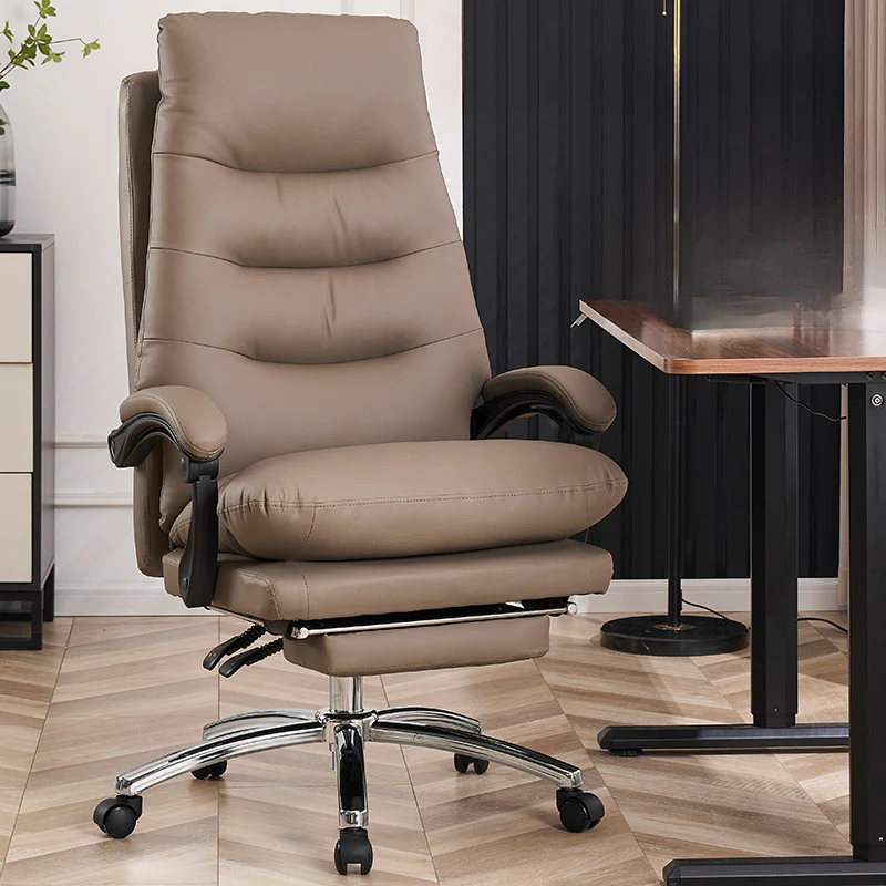 Reclining Beige Leather Adjustable Swivel Office Chair