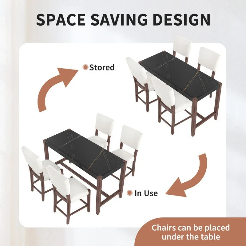 Modern 5-Piece Counter Height Dining Table Set, Faux Marble Bar Table and 4 Upholstered-Seat Chairs