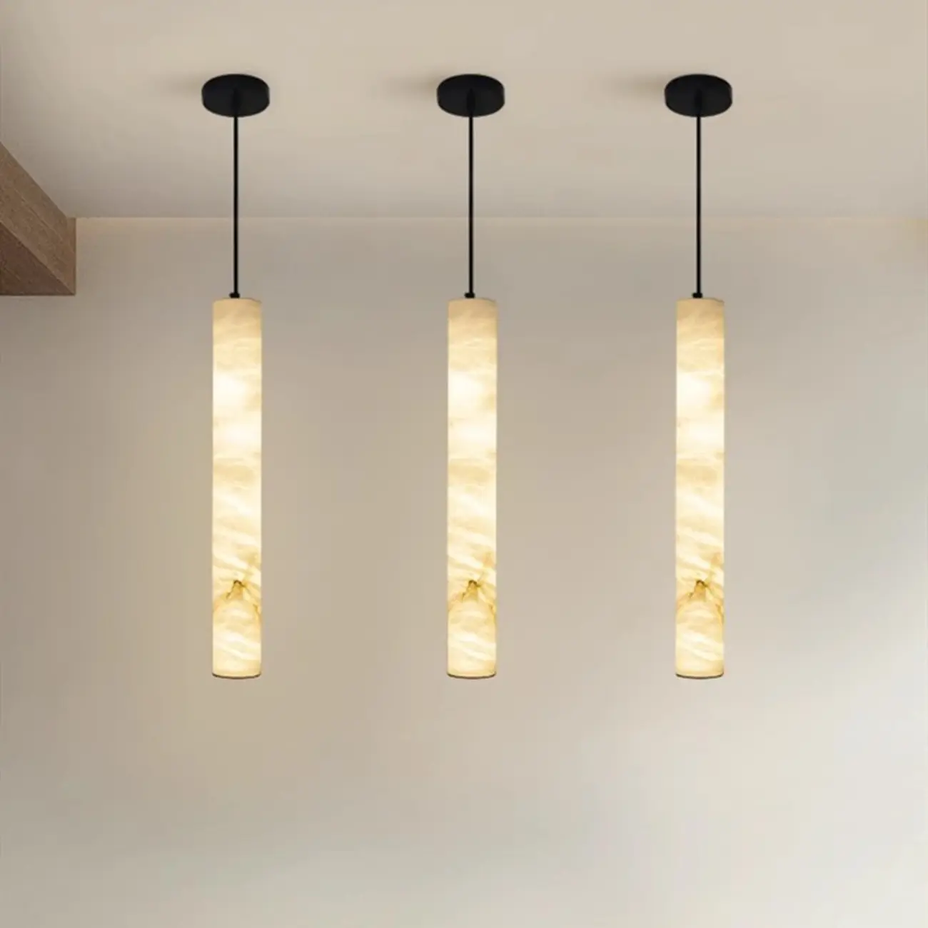 Modern Black Metal Alabaster Cylinder LED Pendant Light