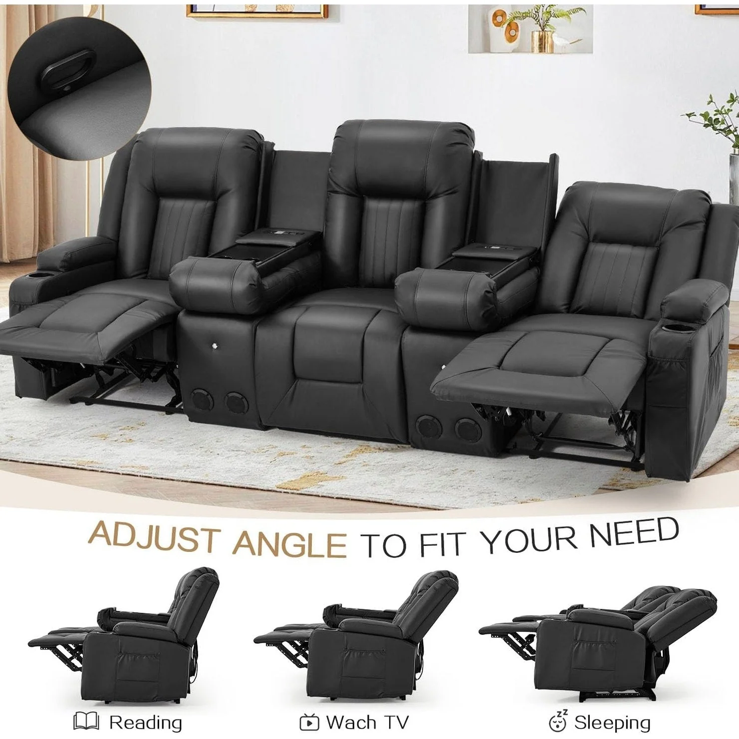 AECOJOY Recliner Sofa Manual RV Reclining Couch PU Home Theater Seating w/ Console