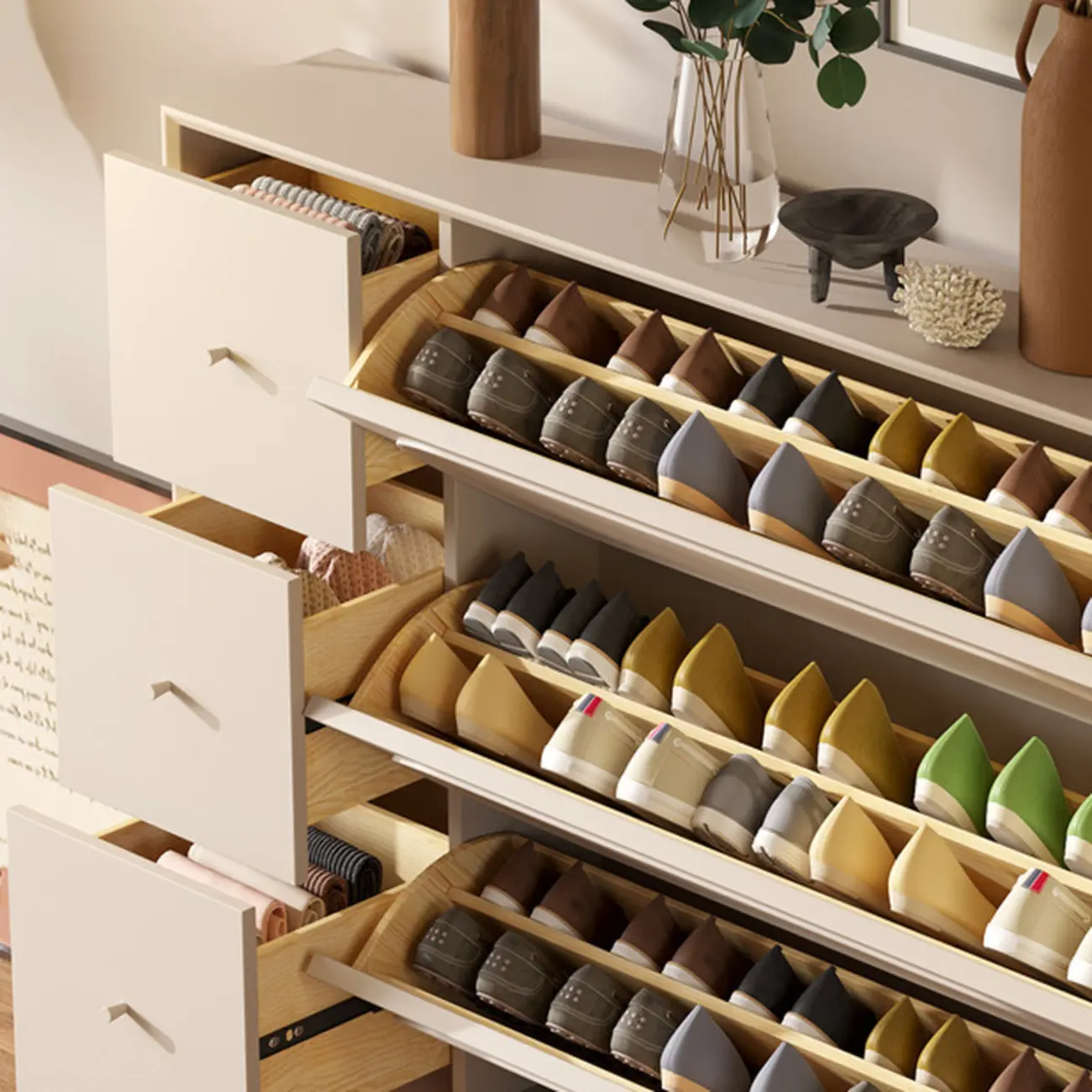 Cream Wooden Drop Front Shoe Cabinet with 3 Drawers