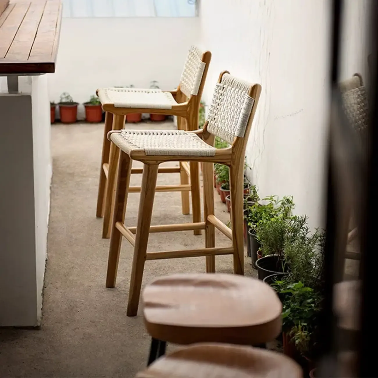 Modern Square Rattan Seat Counter Height Stools with Back