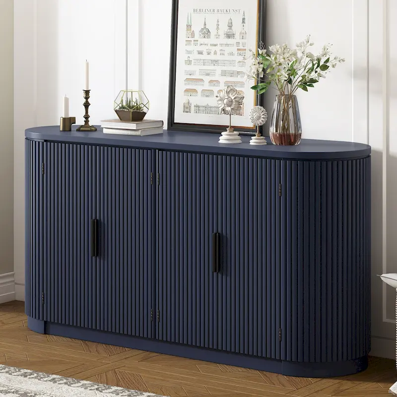 Accent Cabinet with 4 Vertical Striped Door and Metal Handles, Entryway Cabinets Storage Sideboard with Adjustable Shelves