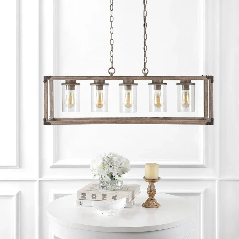 Darlene 36  5-Light Linear Adjustable Iron/Seeded Glass Rustic Farmhouse LED Pendant, Brown by JONATHAN Y