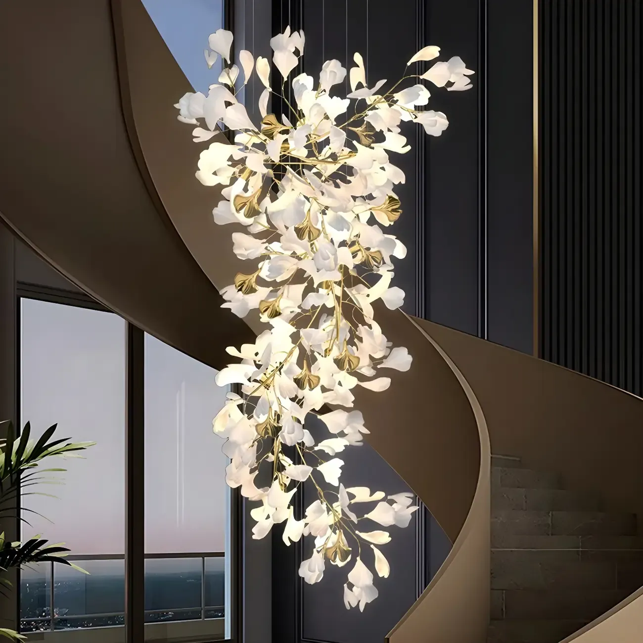 Elegant Leaf Shape Ceramics Golden Spiral Stairwell Chandelier