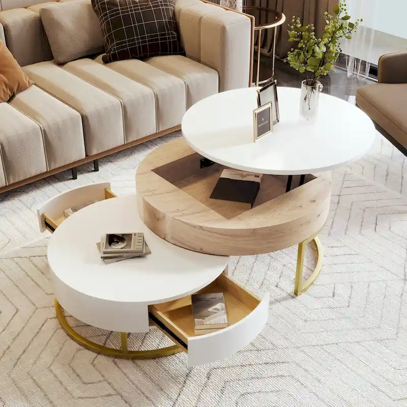 Modern Round Lift-top Nesting Coffee Tables with 2 Drawers