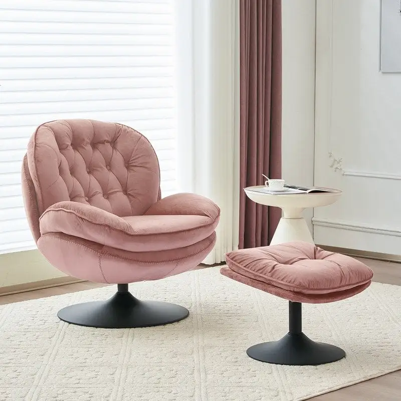Velvet Swivel Accent Chair with Ottoman Round Reading Accent Chair Foot Stool Ottoman Set,360 Swivel,Metal Frame