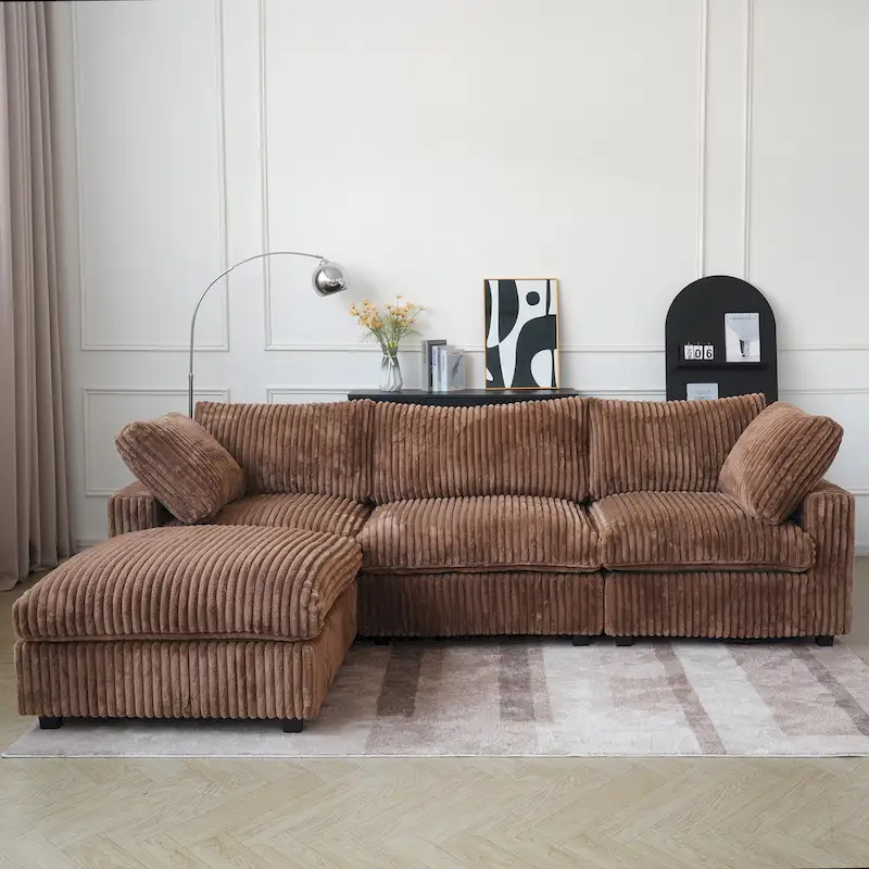 L-shaped Polyester Fabric Couch Modern Sectional Sofa with Ottoman