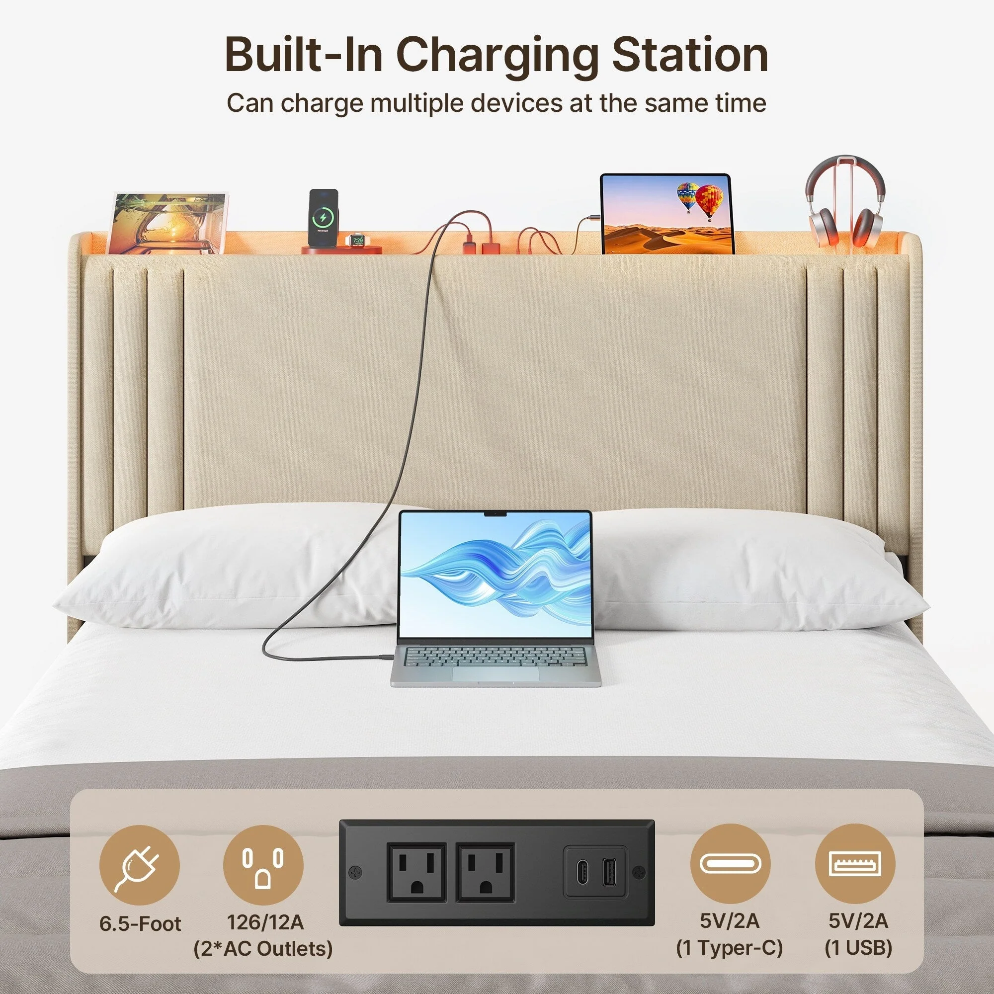 Queen/ Full Vertical Channels Upholstered Bed with Wingback Headboard