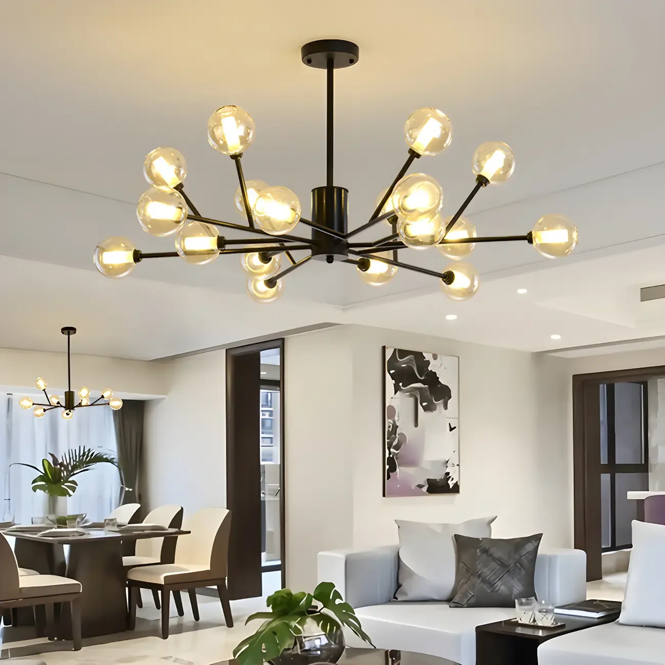 Modern Gold Metal Glass Globe Sputnik Chandelier