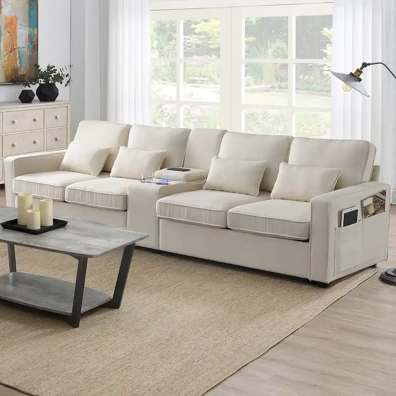 Modern Linen Fabric Upholstered Sofa with Console, 4Pillows,Cupholders,USB