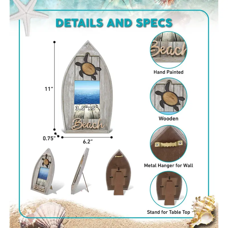 CoTa Global Grey Distressed Wood Coastal Sea Turtle Boat 3.5X5 Frame - 11 inches