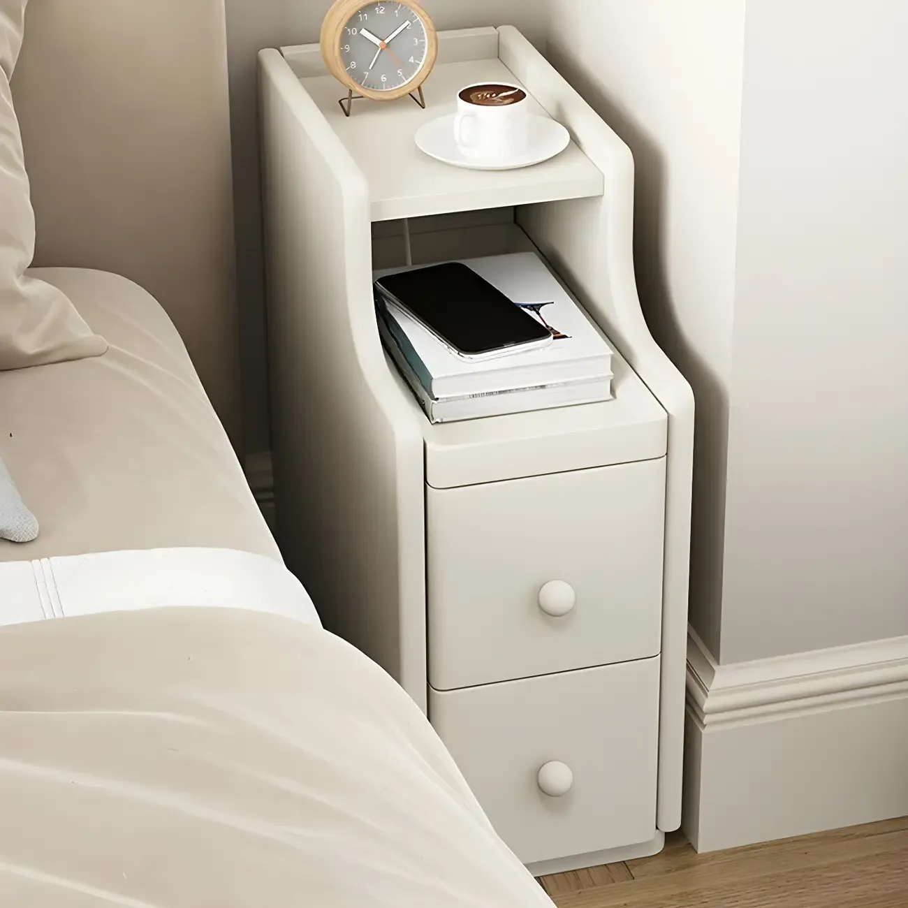 Multi-Function White Wood Storage Narrow Nightstand