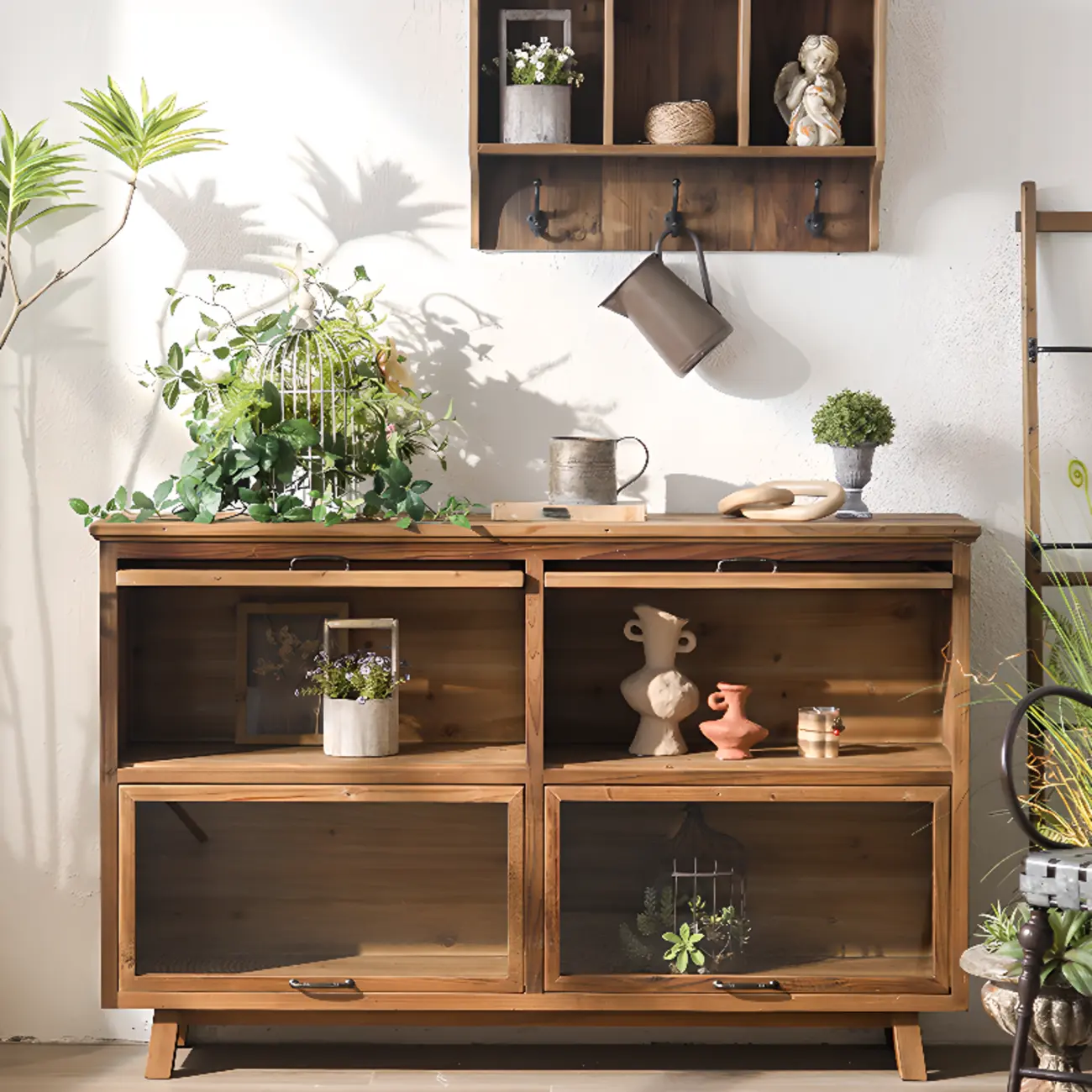 Traditional Multi-Shelves Brown Wooden Flip-Up China Cabinet