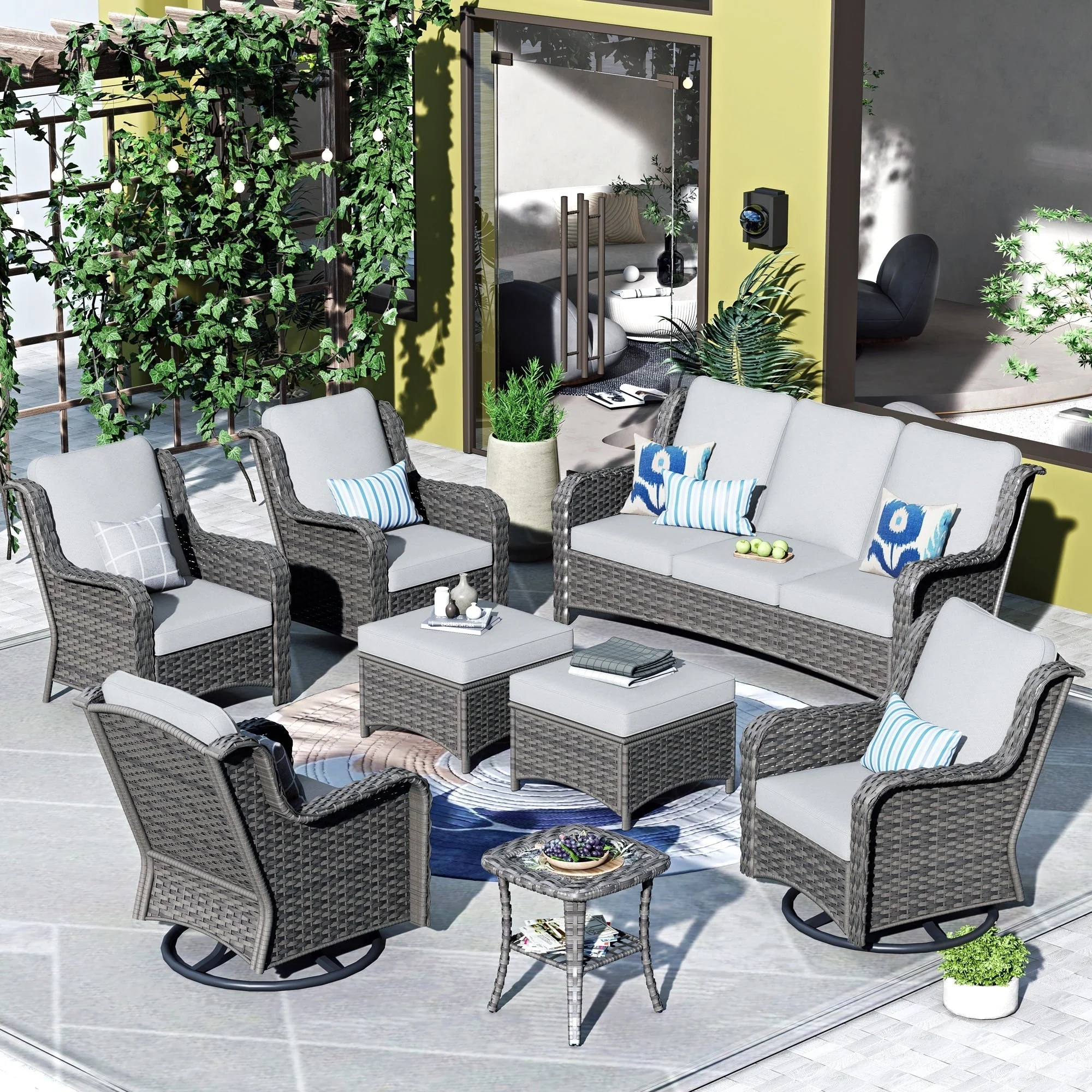 OVIOS 8-piece Patio Wicker Furniture Swivel Chair Set