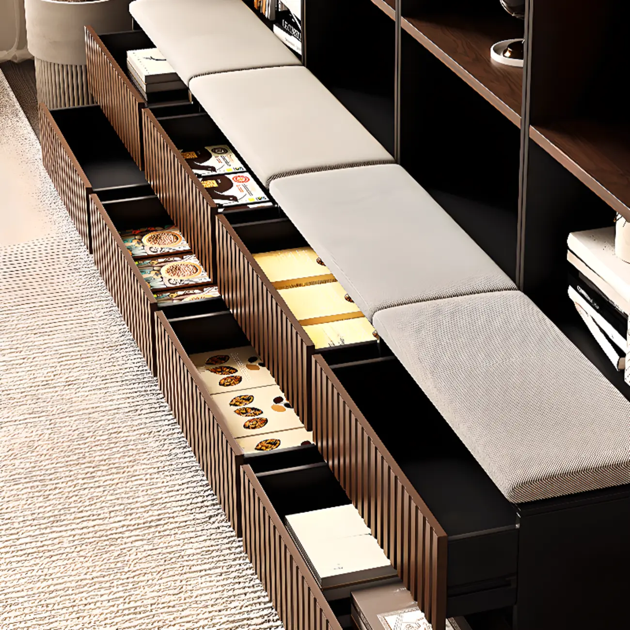 Tall French Country Display Wooden Bookcase with Cushioned Bench