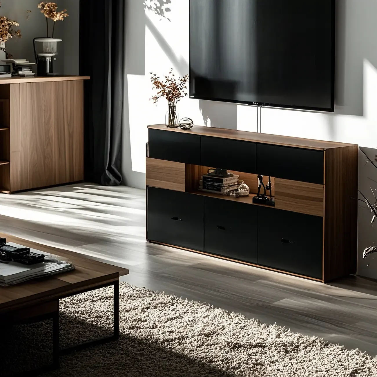 63 Black Wood Cabinet TV Stand with Open Shelving and Lights