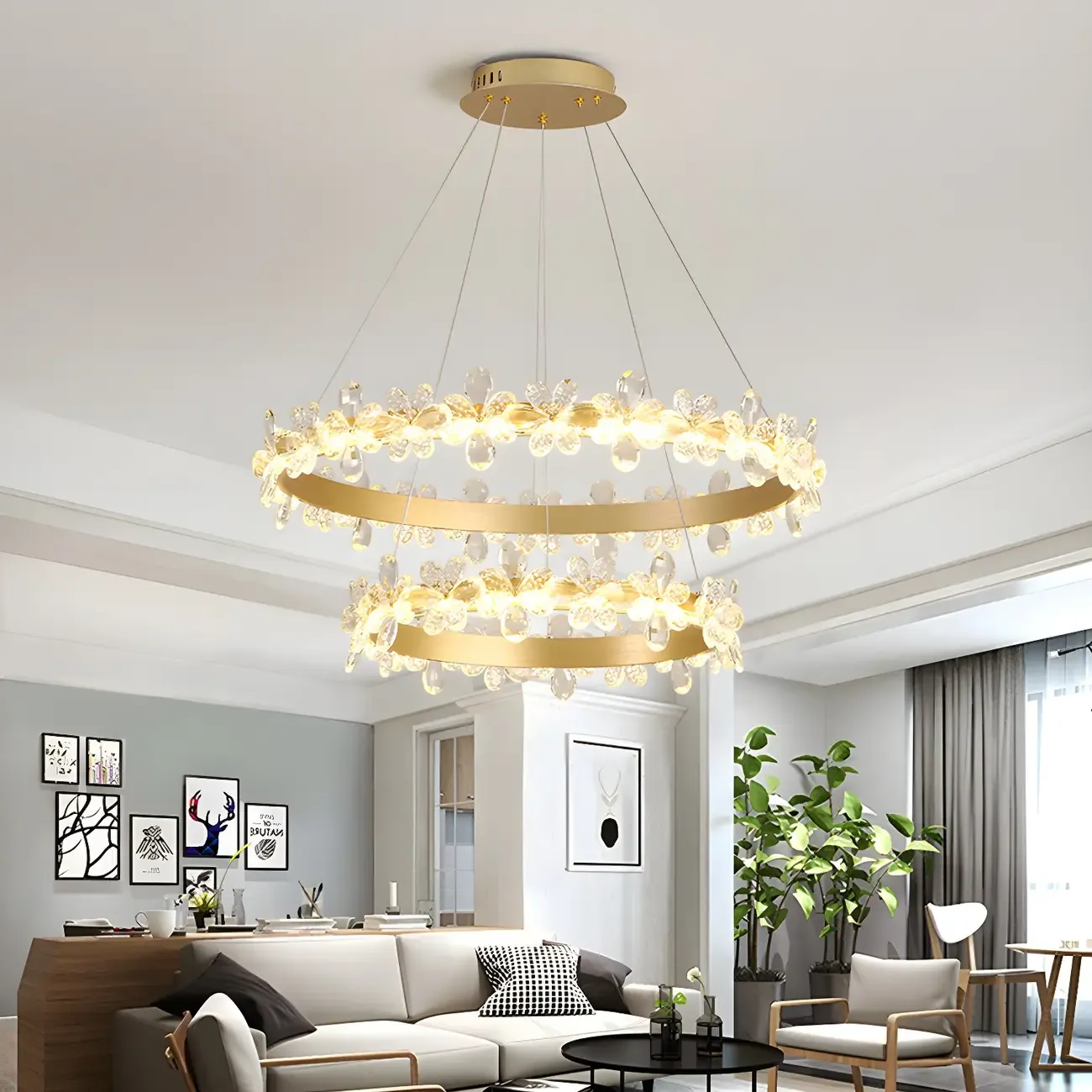 Modern Gold Dimmable LED Flower Crystal Ring Chandelier