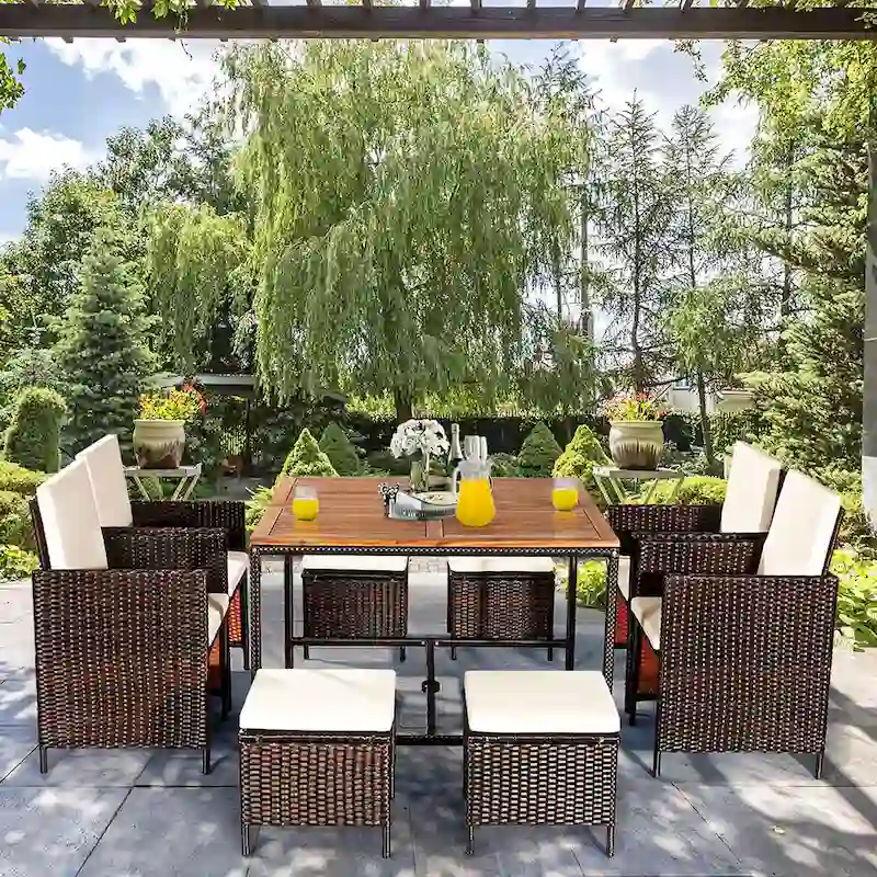 Costway 9PCS Patio Rattan Dining Set Cushioned Chairs Ottoman Wood - See Details