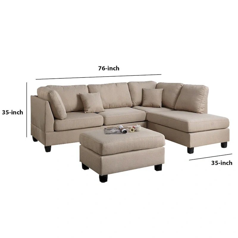 Linen Fabric 3 Pieces Sectional In Sand Beige