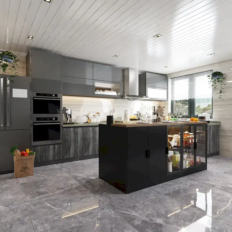 Kitchen Island with Drawers & Glass Cabinets, Converts to Office Desk