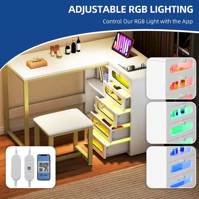 Moasis 5 Drawers L-Shape Nail Desk Set with Cushioned Stool and LED Light