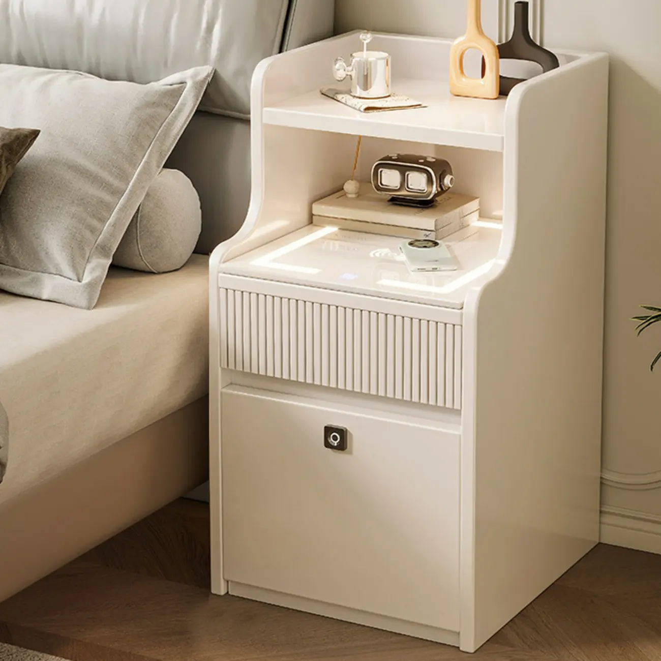 Smart Versatile White Wood Nightstand with Fingerprint Lock