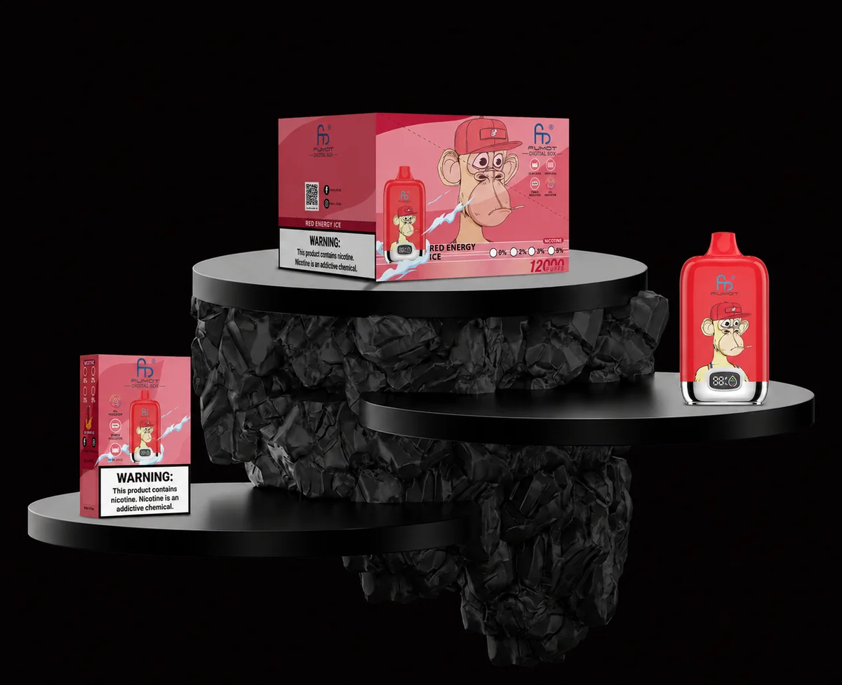 Fumot Digital Box 12000 Red Energy Ice Gerät und Verpackung auf schwarzem Display-Podest